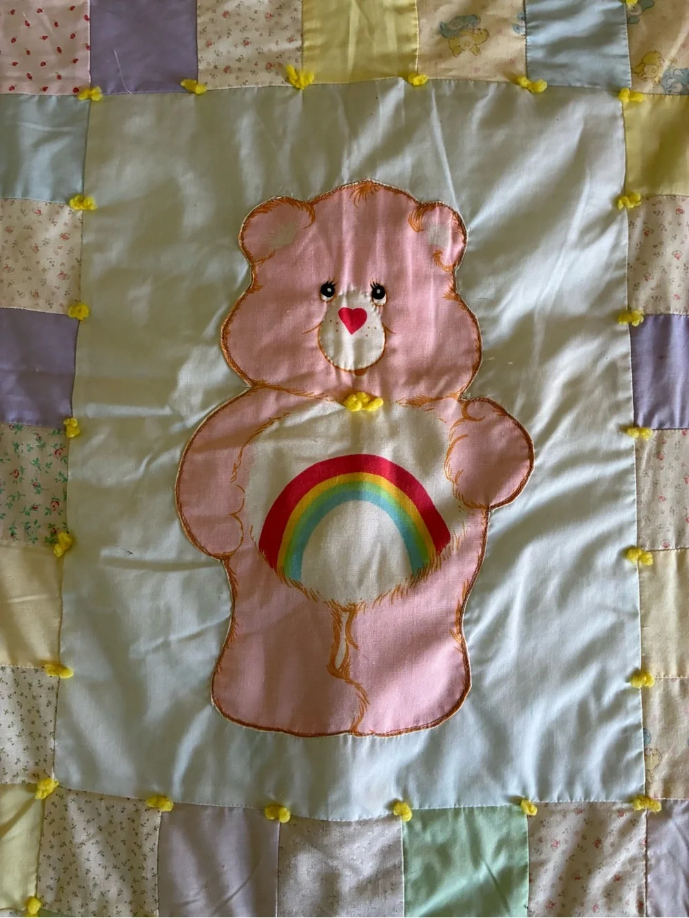 Vintage Care Bears Handmade Baby Quilt Blanket Pastel Patchwork 38x46